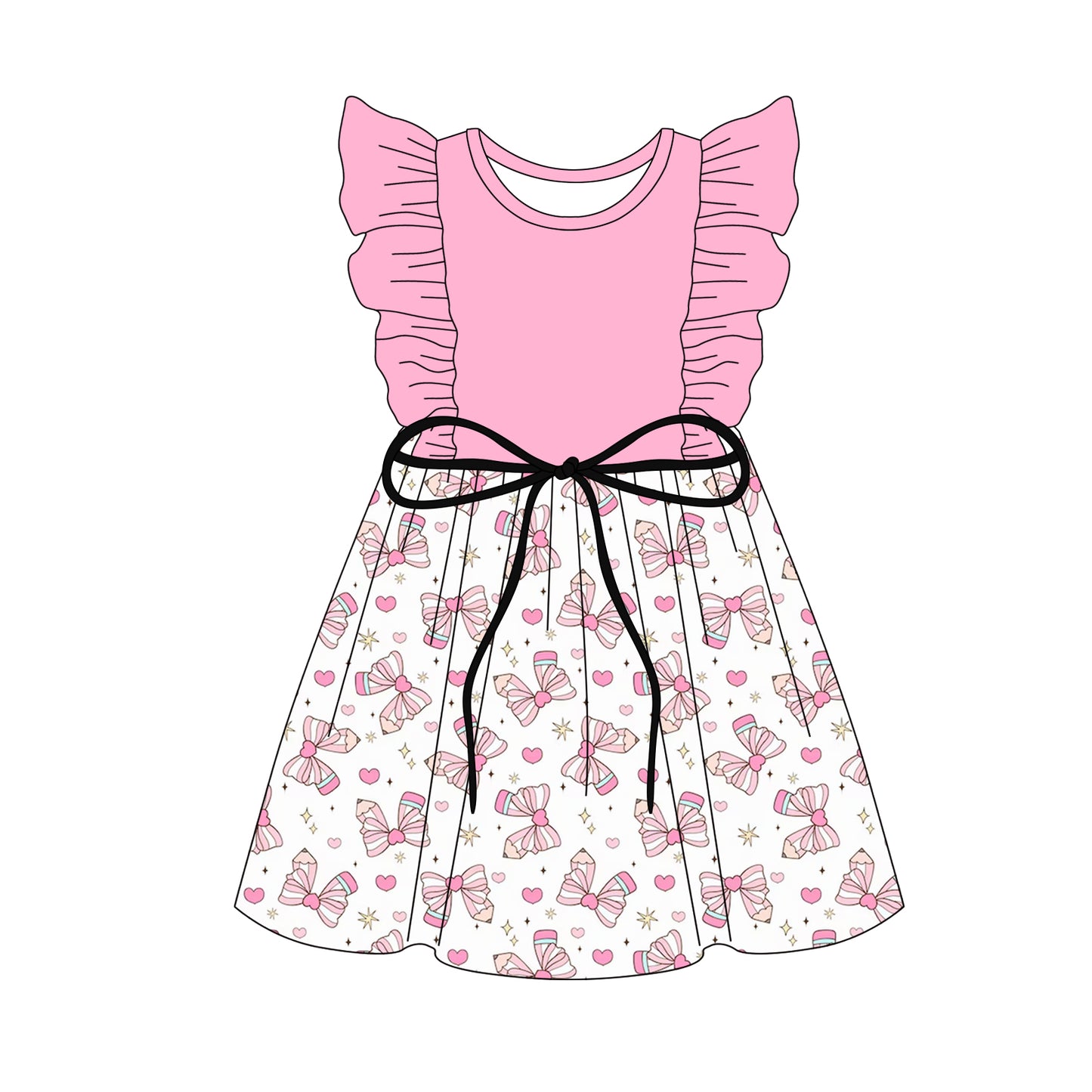 3.5(Custom Design Preorder MOQ 5) Pen Bows Pink Print Girls Back to School Knee Length Dress