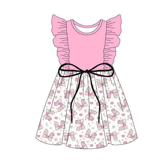3.5(Custom Design Preorder MOQ 5) Pen Bows Pink Print Girls Back to School Knee Length Dress
