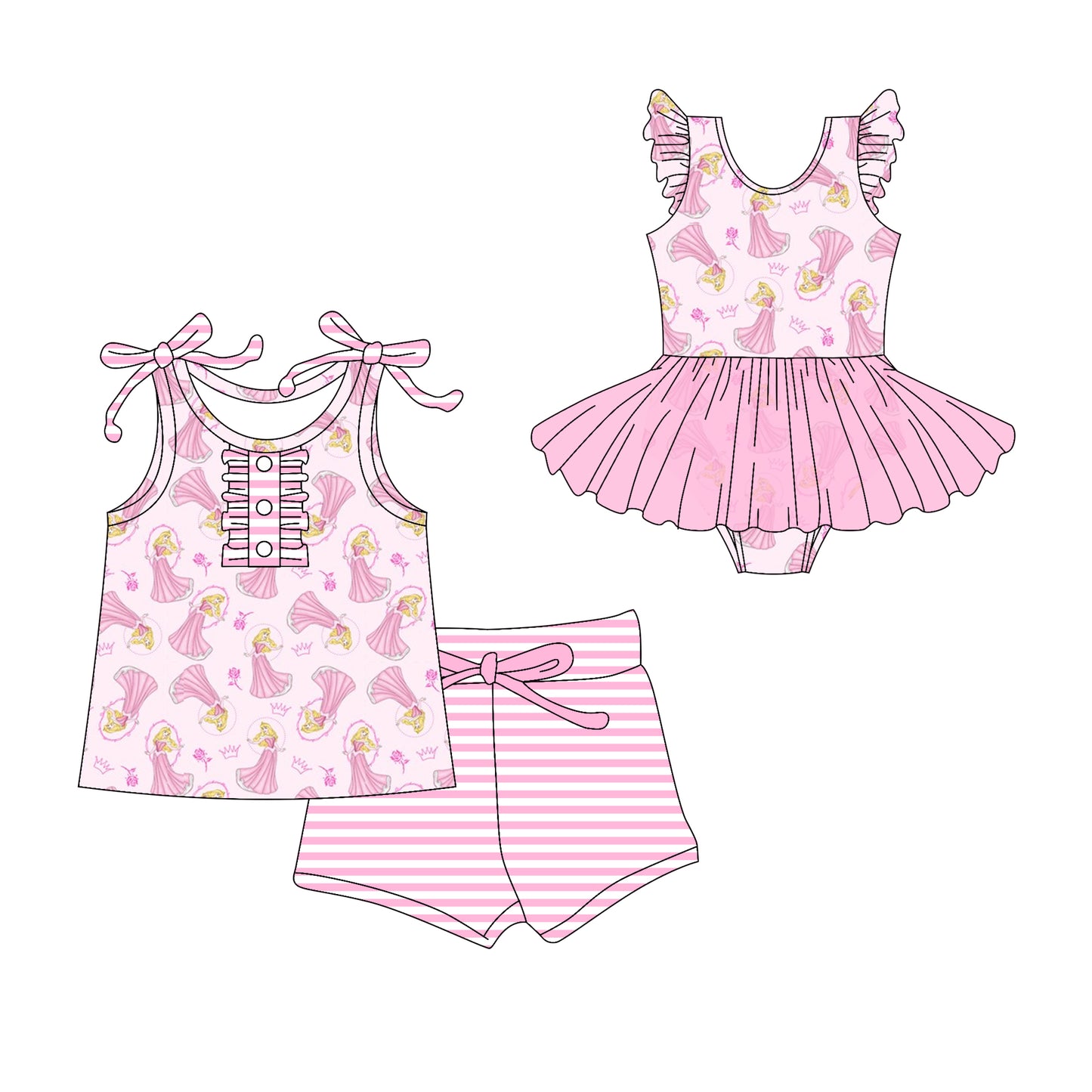 3.10(Custom Design Preorder MOQ 5 Each Design) Cartoon Princess Rose Print Girls Summer Matching Clothes Sisters Wear