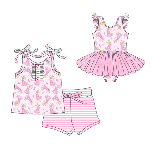 3.10(Custom Design Preorder MOQ 5 Each Design) Cartoon Princess Rose Print Girls Summer Matching Clothes Sisters Wear