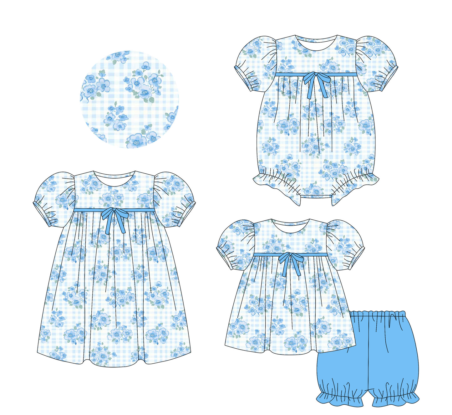 5.24(Custom Design Preorder MOQ 5 Each Design) Blue Flowers Plaid Print Girls Summer Matching Clothes Sisters Wear