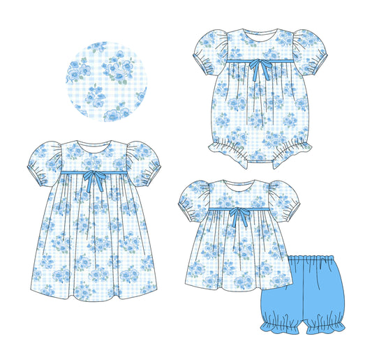 5.24(Custom Design Preorder MOQ 5 Each Design) Blue Flowers Plaid Print Girls Summer Matching Clothes Sisters Wear