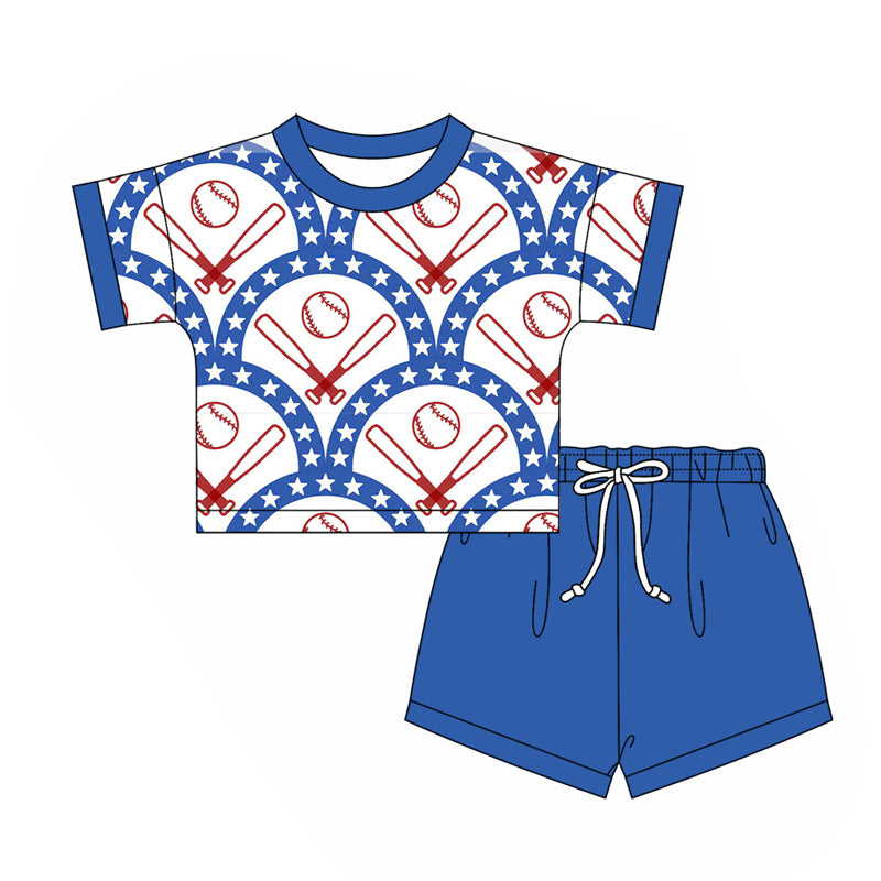 2.24(Custom Design Preorder MOQ 5) Baseball Top Blue Shorts Boys Summer Clothes Set
