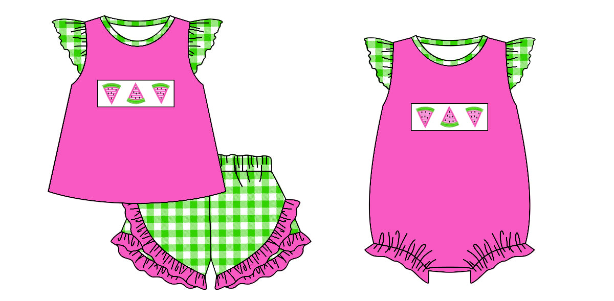 12.4 (Custom Design Preorder MOQ 5 Each Design) Watermelon Pink Print Girls Summer Matching Clothes Sisters Wear