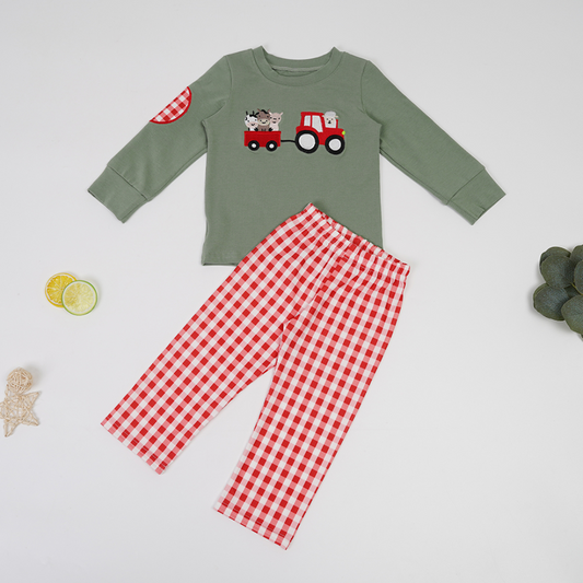 (Custom Design Preorder MOQ 5) Farm Animals Green Top Plaid Pants Boys Christmas Clothes Set