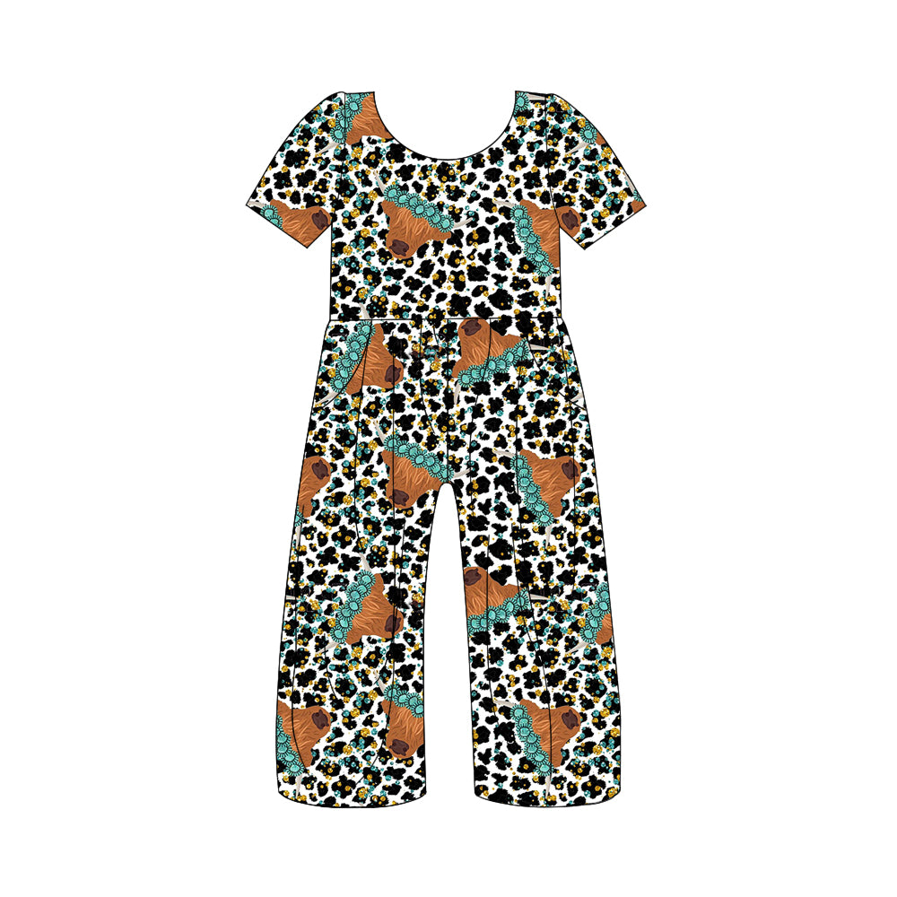(Custom Design Preorder MOQ 5) Highland Cow Turquoise Leopard Print Girls Western Jumpsuits