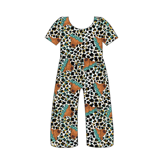 (Custom Design Preorder MOQ 5) Highland Cow Turquoise Leopard Print Girls Western Jumpsuits
