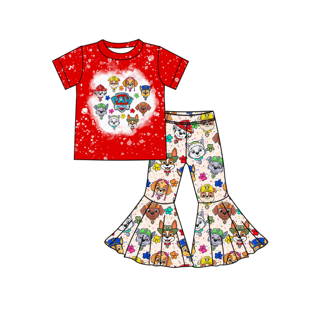 (Custom Design Preorder MOQ 5) Cartoon Dog Red Top Bell Pants Girls Clothes Set