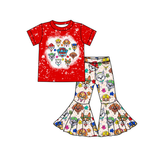 (Custom Design Preorder MOQ 5) Cartoon Dog Red Top Bell Pants Girls Clothes Set