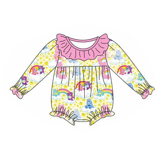 (Custom Design Preorder MOQ 5) Cartoon Bear Rainbow Stars Print Baby Girls Fall Romper