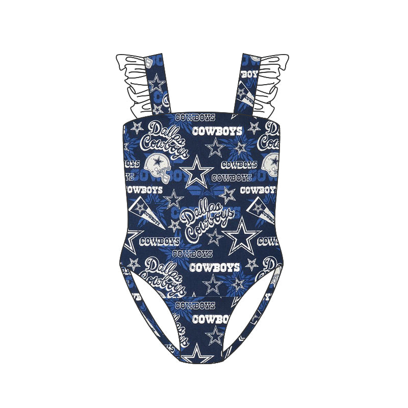 (Custom Design Preorder MOQ 5) Team's Cowboys Stars Navy Print Girls 1 Piece Swimsuits