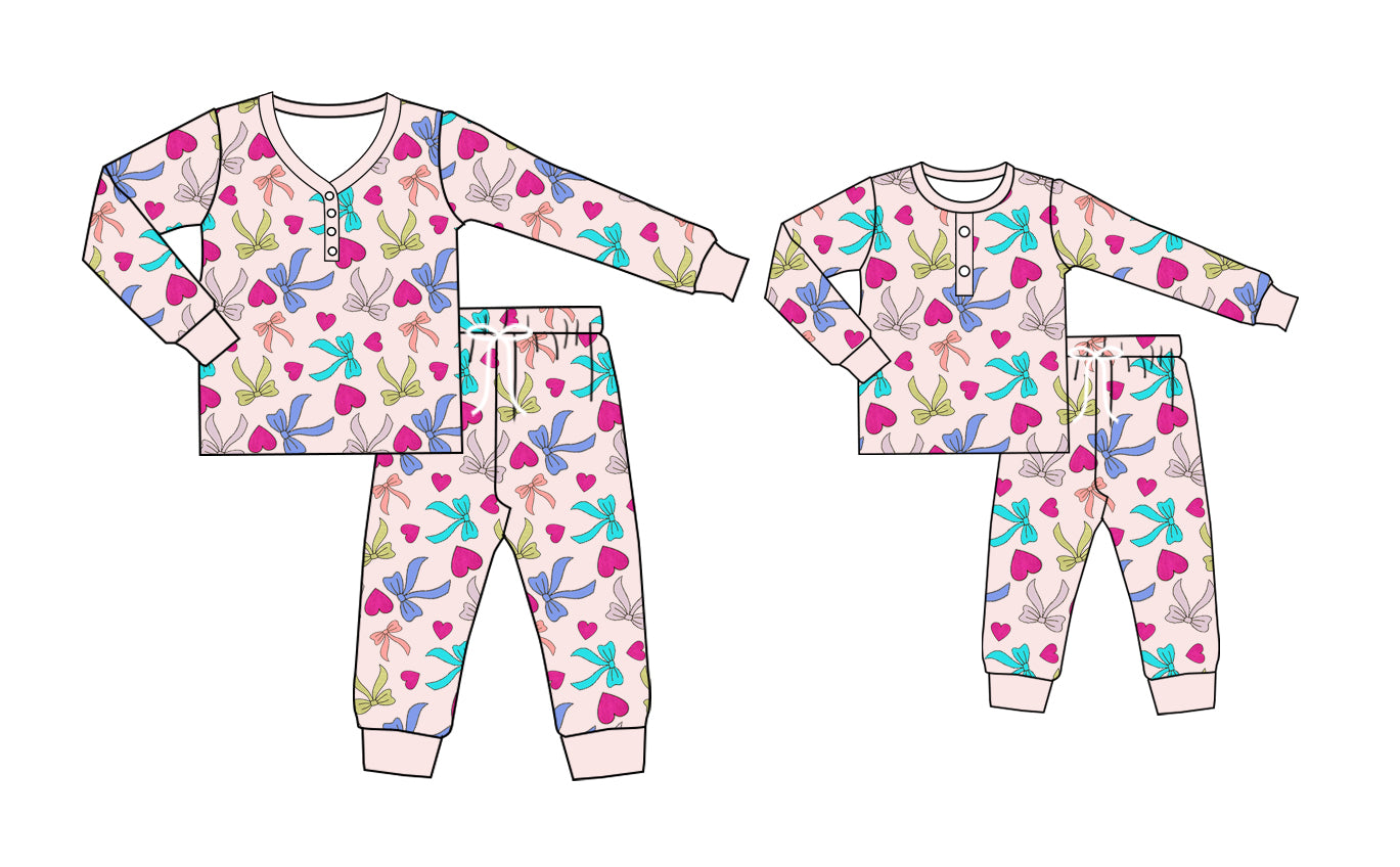 (Pre-order)GLP2273 Colorful Bows Heart Print Girls Valentine's Day Pajamas Clothes Set