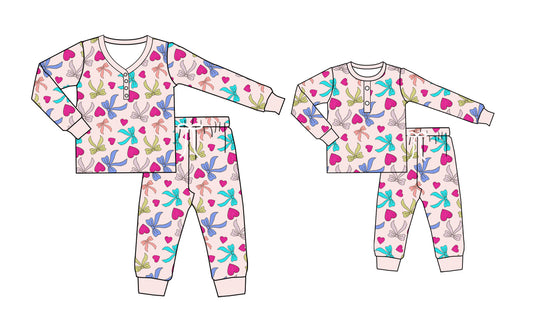 (Pre-order)GLP2273 Colorful Bows Heart Print Girls Valentine's Day Pajamas Clothes Set