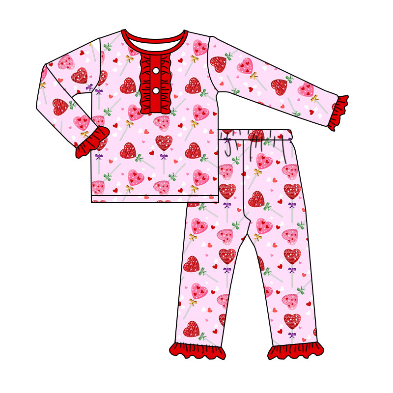 (Custom Design Preorder MOQ 5) Heart Lollipop Girls Valentine's Pajamas Clothes Set