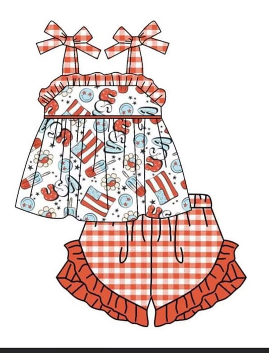 (Custom Design Preorder MOQ 5)  Flowers Flags Tunic Strap Top Plaid Shorts Girls 4th of July Clothes Set