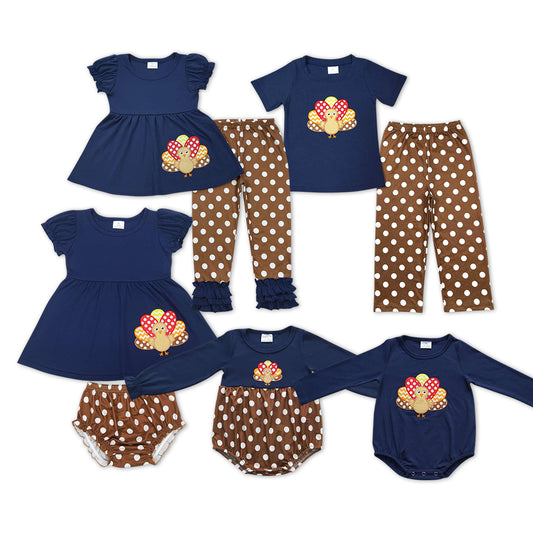 Turkey Embroidery Navy Color Brown Dots Print Sibling Thanksgiving Matching Clothes