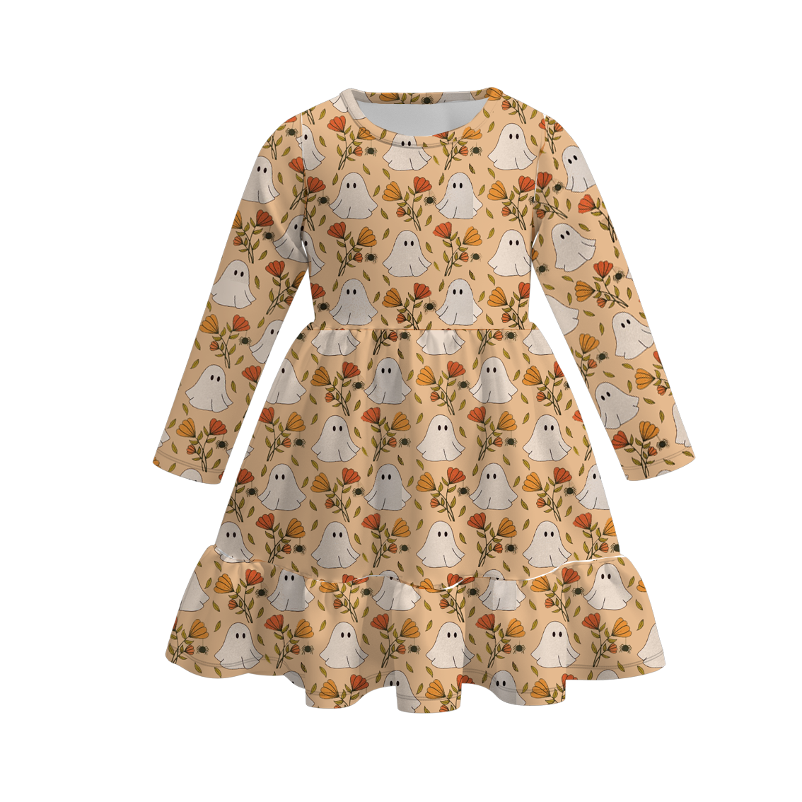 (Custom Design Preorder MOQ 5) Ghost Flowers Print Girls Knee Length Halloween Dress