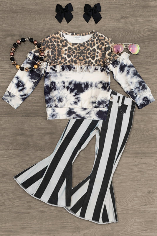 (Custom Design Preorder MOQ 5) Leopard Black Tie-dye Top Stripes Denim Jeans Girls Clothes Set