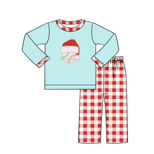 (Custom Design Preorder MOQ 5) Baseball Hat Blue Top Plaid Pants Boys Christmas Clothes Set