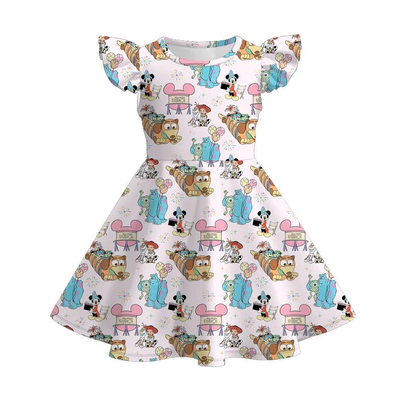 (Custom Design Preorder MOQ 5) Cartoon Character Print Girls Summer Knee Length Dress