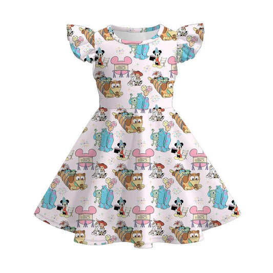 (Custom Design Preorder MOQ 5) Cartoon Character Print Girls Summer Knee Length Dress