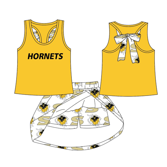 (Custom Design Preorder MOQ 5) Team's HORNETS Top Shorts Skirts Girls Summer Clothes Set