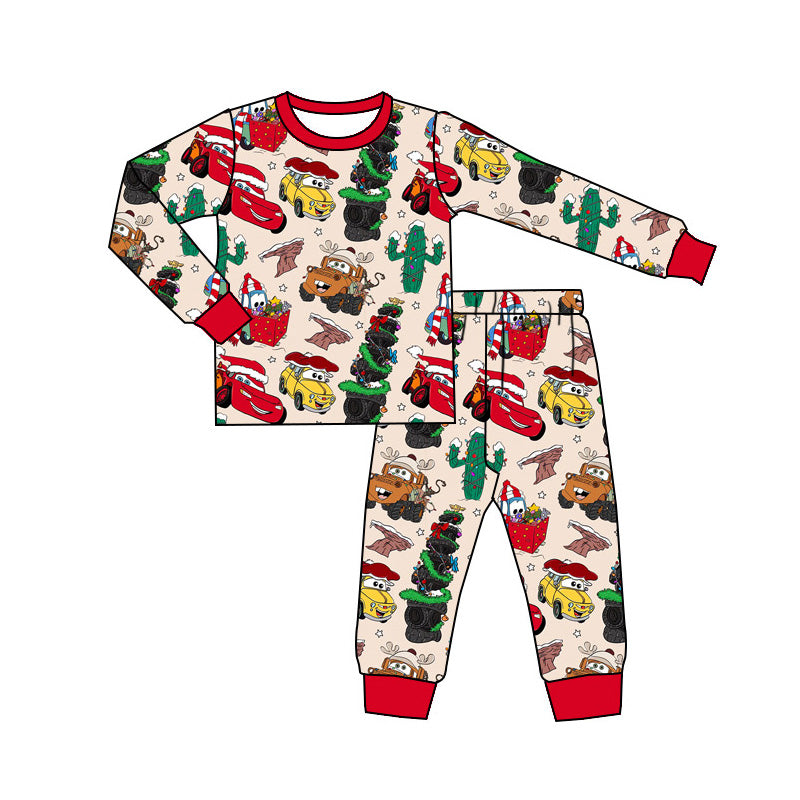 (Custom Design Preorder MOQ 5) Cartoon Cars Print Kids Christmas Bamboo Pajamas Clothes Set