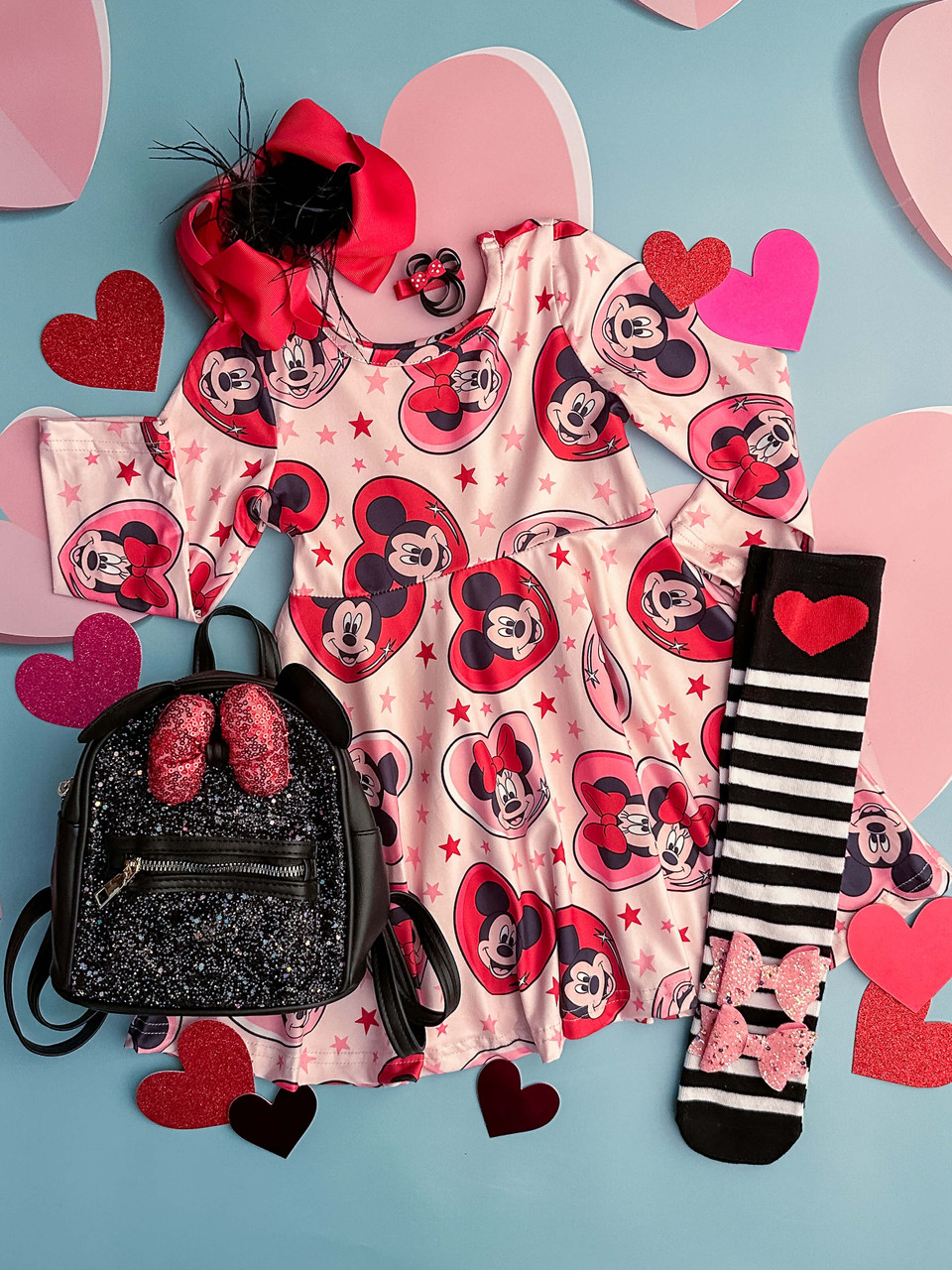 (Custom Design Preorder MOQ 5) Cartoon Mouse Heart Print Girls Valentine's Knee Length Dress