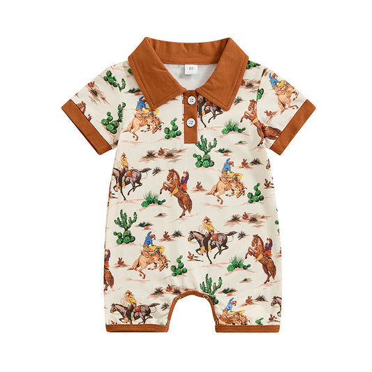 (Custom Design Preorder MOQ 5) Cowboy Rodeo Print Baby Boys Summer Romper