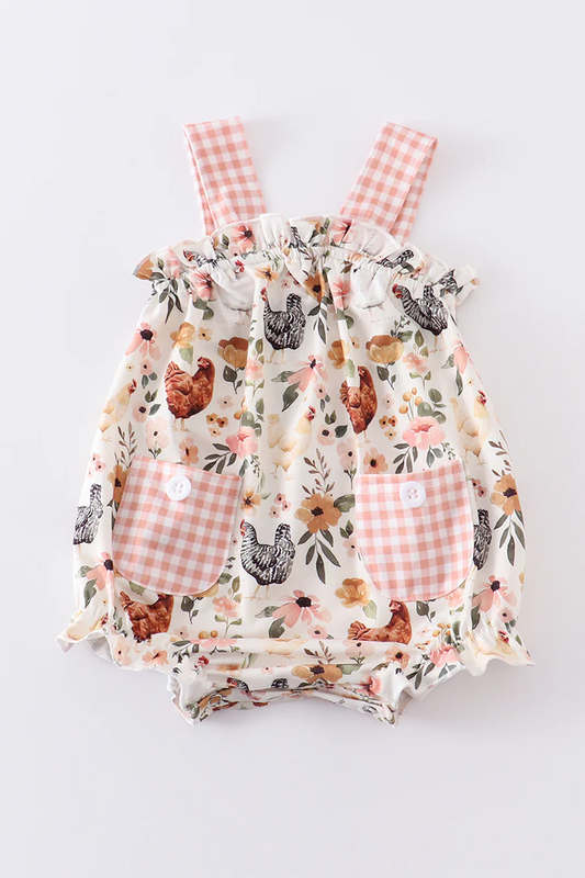 (Custom Design Preorder MOQ 5) Chicken Flowers Print Baby Girls Pockets Romper