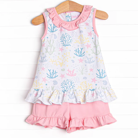 (Custom Design Preorder MOQ 5)  Seaweed Top Pink Shorts Girls Summer Clothes Set