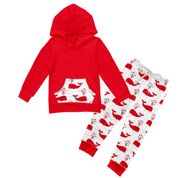 (Custom Design Preorder MOQ 5) Red Hoodie Top Whale Heart Pants Kids Valentine's Clothes Set