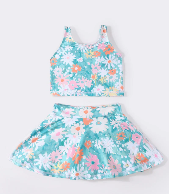 (Custom Design Preorder MOQ 5) Flowers Blue Print Shorts Skirts Girls Summer Yoga Clothes Set