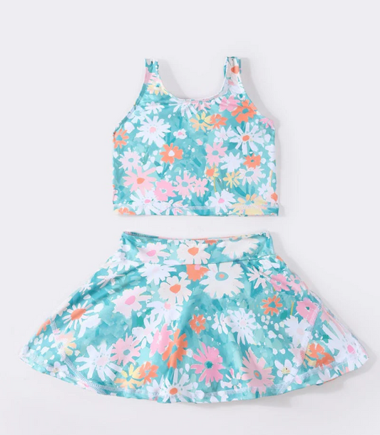 (Custom Design Preorder MOQ 5) Flowers Blue Print Shorts Skirts Girls Summer Yoga Clothes Set