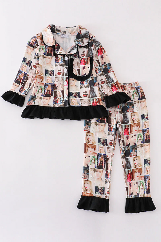 (Custom Design Preorder MOQ 5) Singer Swiftie Plaid Print Girls Buttons Pajamas Clothes Set