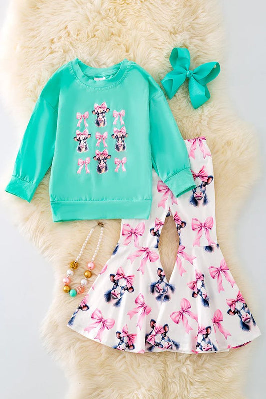 (Custom Design Preorder MOQ 5) Cows Bows Aqua Top Bell Pants Girls Western Clothes Set