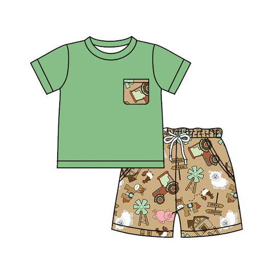 (Custom Design Preorder MOQ 5) Green Pocket Top Farm Shorts Boys Summer Clothes Set