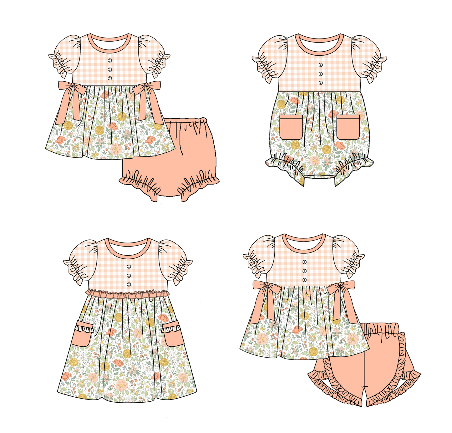 11.18(Custom Design Preorder MOQ 5 Each Design) Small Flowers Orange  Print Girls Summer Matching Clothes Sibling Wear