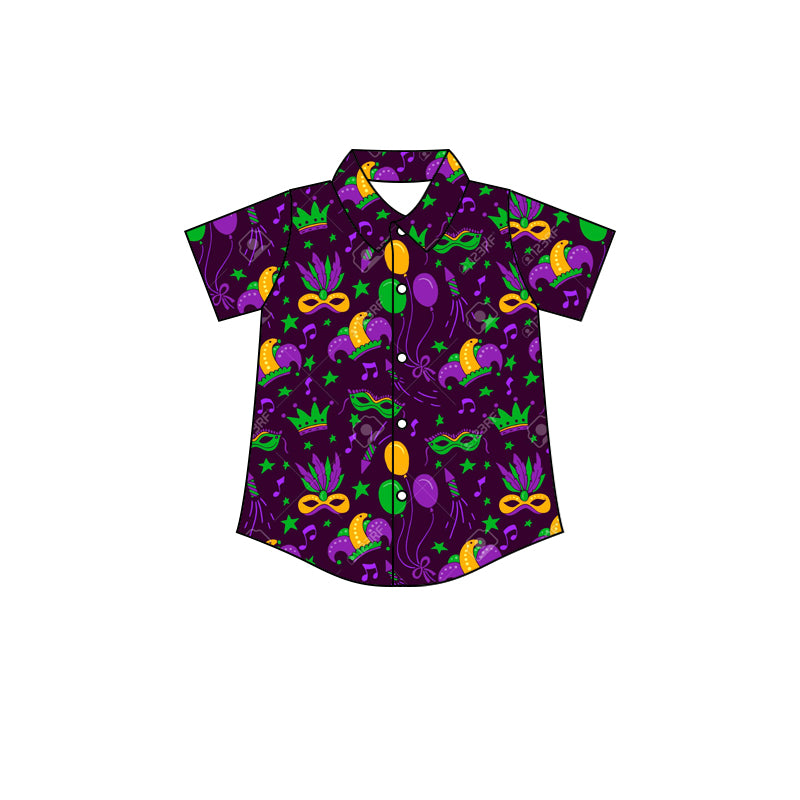 (Custom Design MOQ 5)  NO.10 Purple Balloon Mardi Gras Boys Button Tee Shirts Top