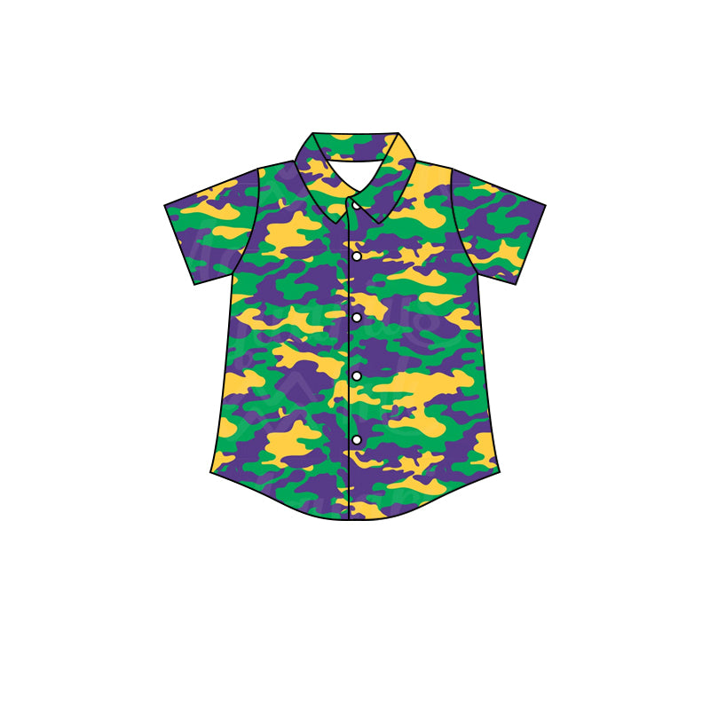 (Custom Design MOQ 5)  NO.13 Camo Mardi Gras Boys Button Tee Shirts Top