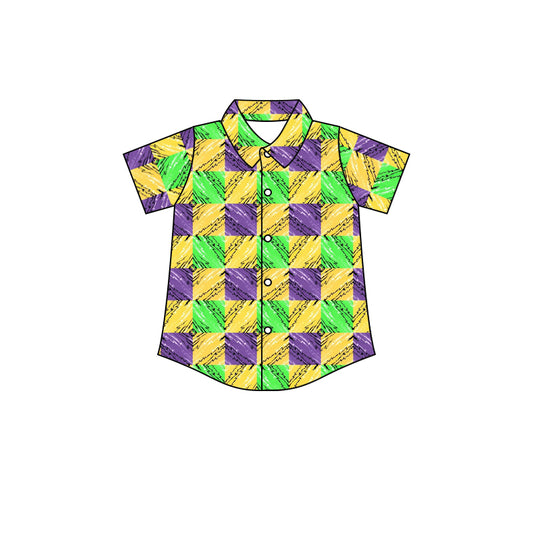 (Custom Design MOQ 5)  NO.14 Plaid Mardi Gras Boys Button Tee Shirts Top