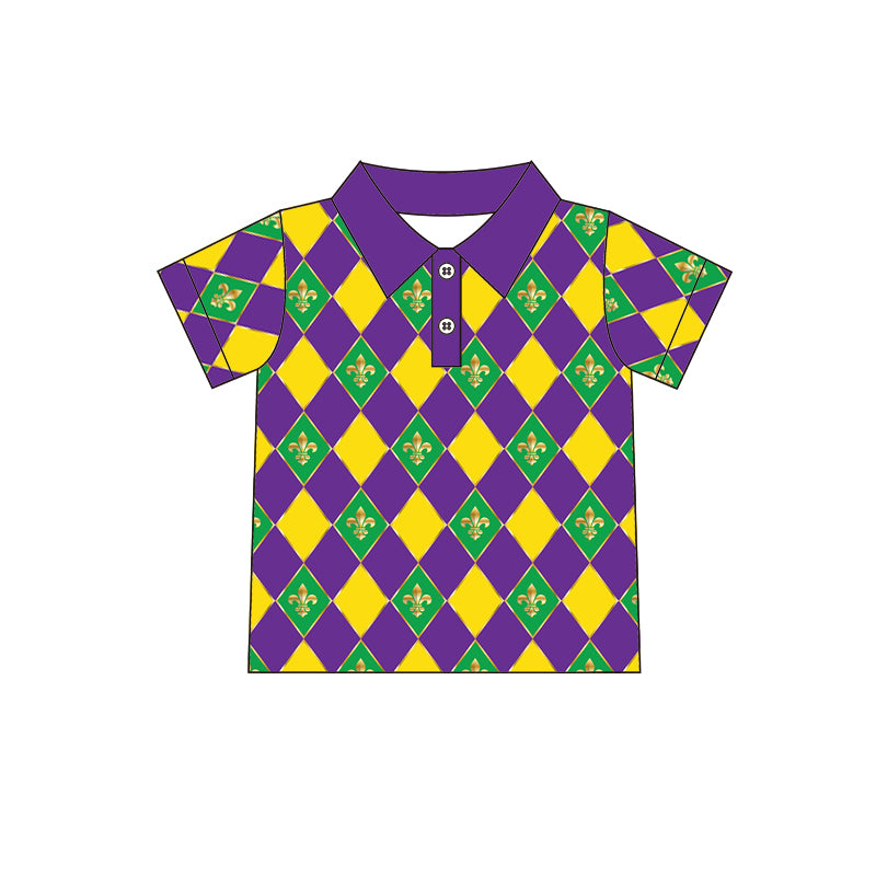 (Custom Design MOQ 5)  NO.15 Rhombus Mardi Gras Boys Polo Tee Shirts Top