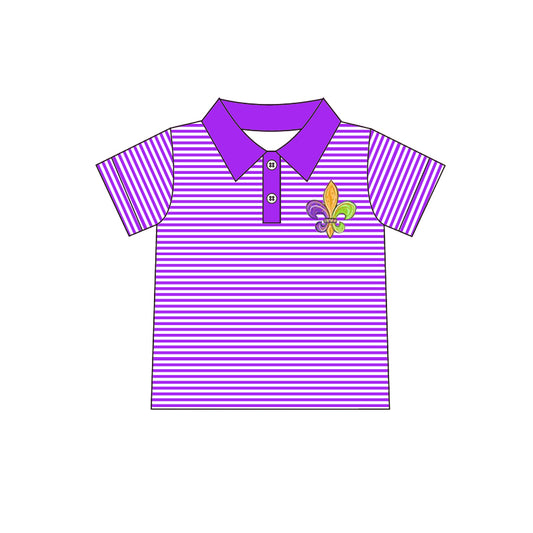 (Custom Design MOQ 5)  NO.19 Purple Stripes Mardi Gras Boys Polo Tee Shirts Top