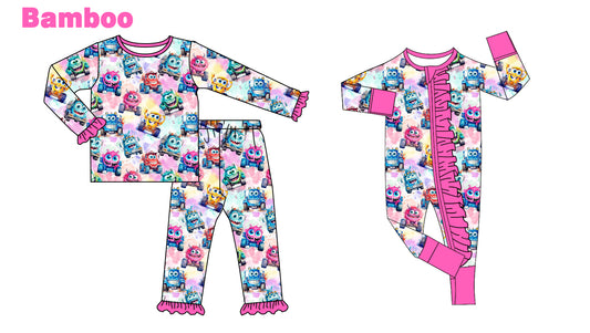 (Custom Design Preorder MOQ 20 Each Design) Cartoon Monster Trucks Print Girls Pajamas Matching Bamboo Clothes Sisters Wear