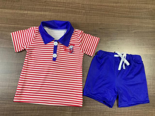 (Custom Design MOQ 5)  Football team's red stripes print boys summer clothes set NO.2