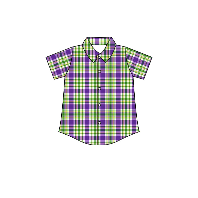 (Custom Design MOQ 5)  NO.2 Purple Plaid Mardi Gras Boys Button Tee Shirts Top