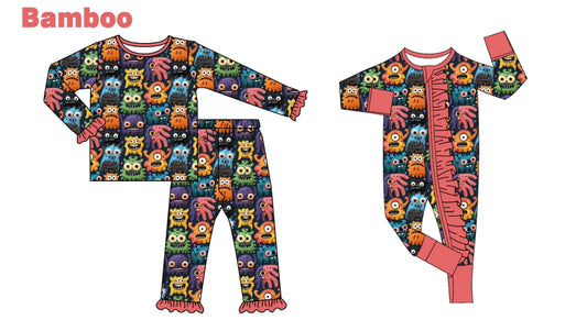 (Custom Design Preorder MOQ 20 Each Design) Cartoon Monster Print Girls Pajamas Matching Bamboo Clothes Sisters Wear