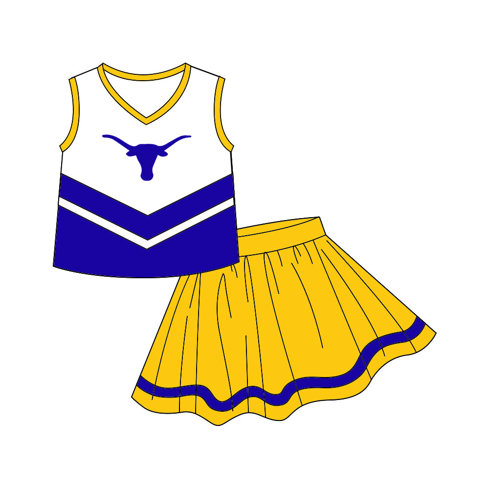 (Custom Design MOQ 5) Sleeveless top football team's NO.3 blue & yellow skirts girls clothes set