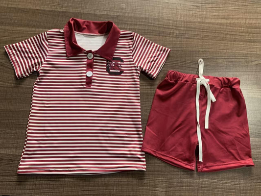 (Custom Design MOQ 5)  Football team's wine stripes print boys summer clothes set NO.3