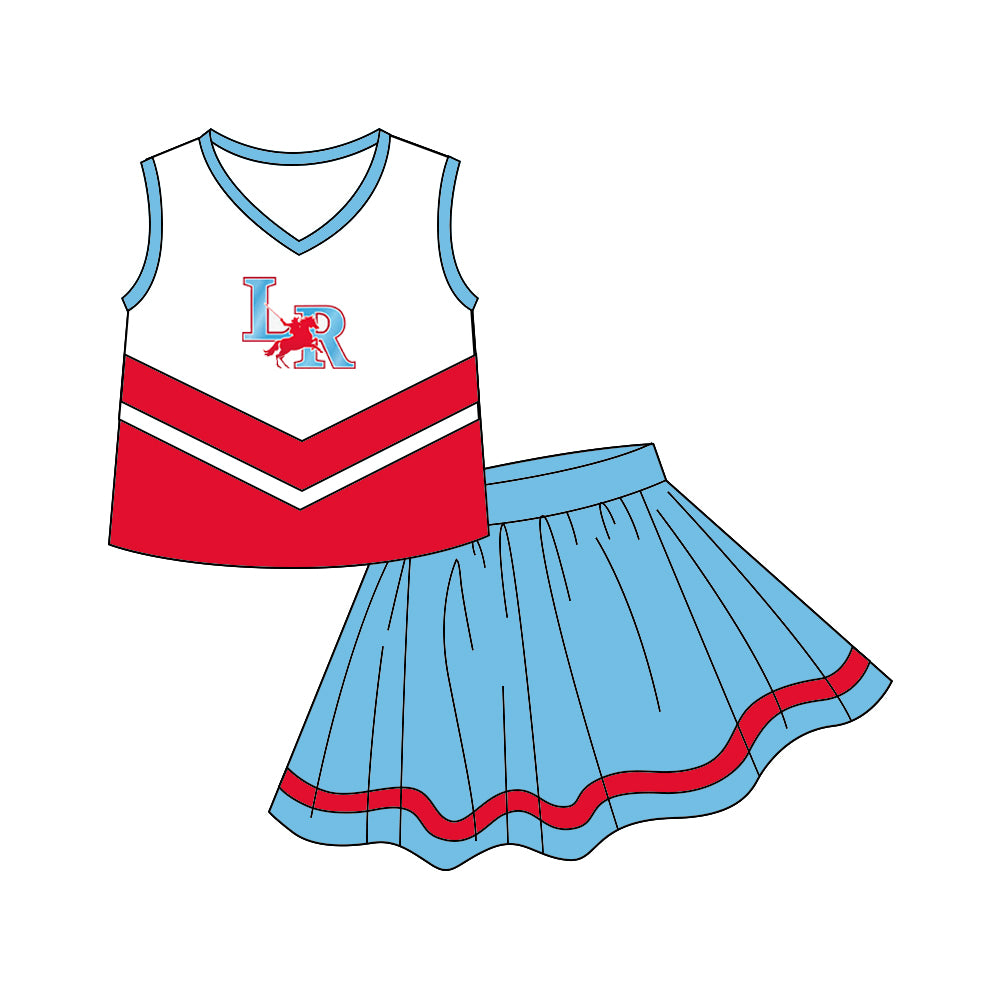 (Custom Design MOQ 5) Sleeveless top football team's NO.4 red & blue skirts girls clothes set